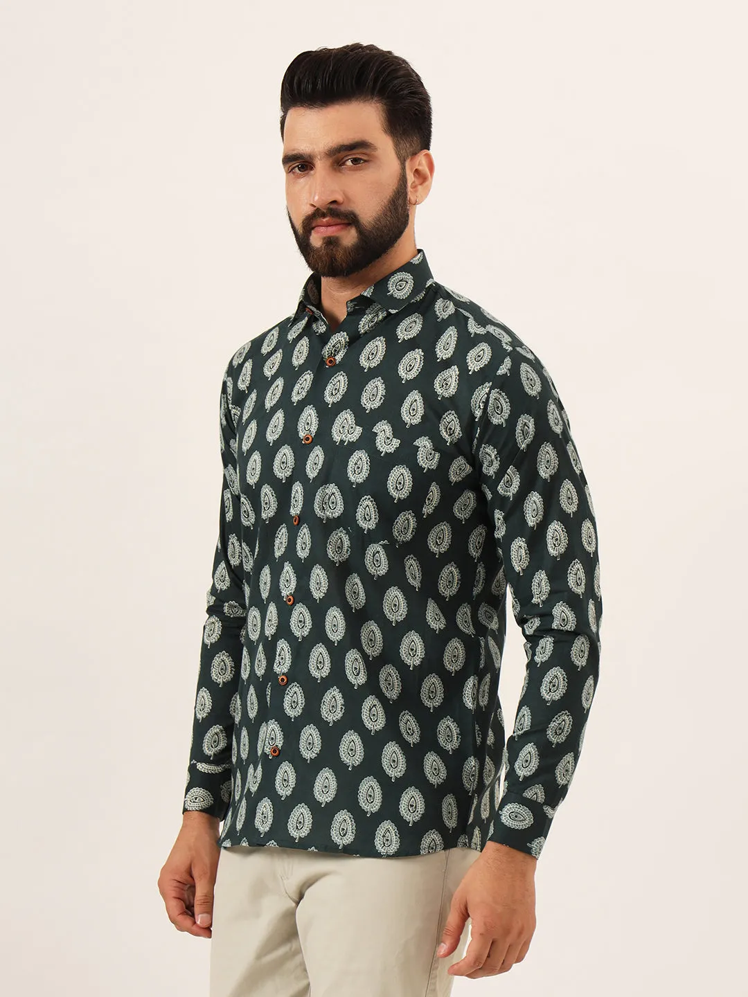 MILLENNIAL MEN Dark Green Printed Pure Cotton Regular Fit Casual Full Sleeve