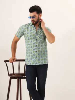 MILLENNIAL MEN Green Floral Print Pure Cotton Regular Fit Casual Shirt