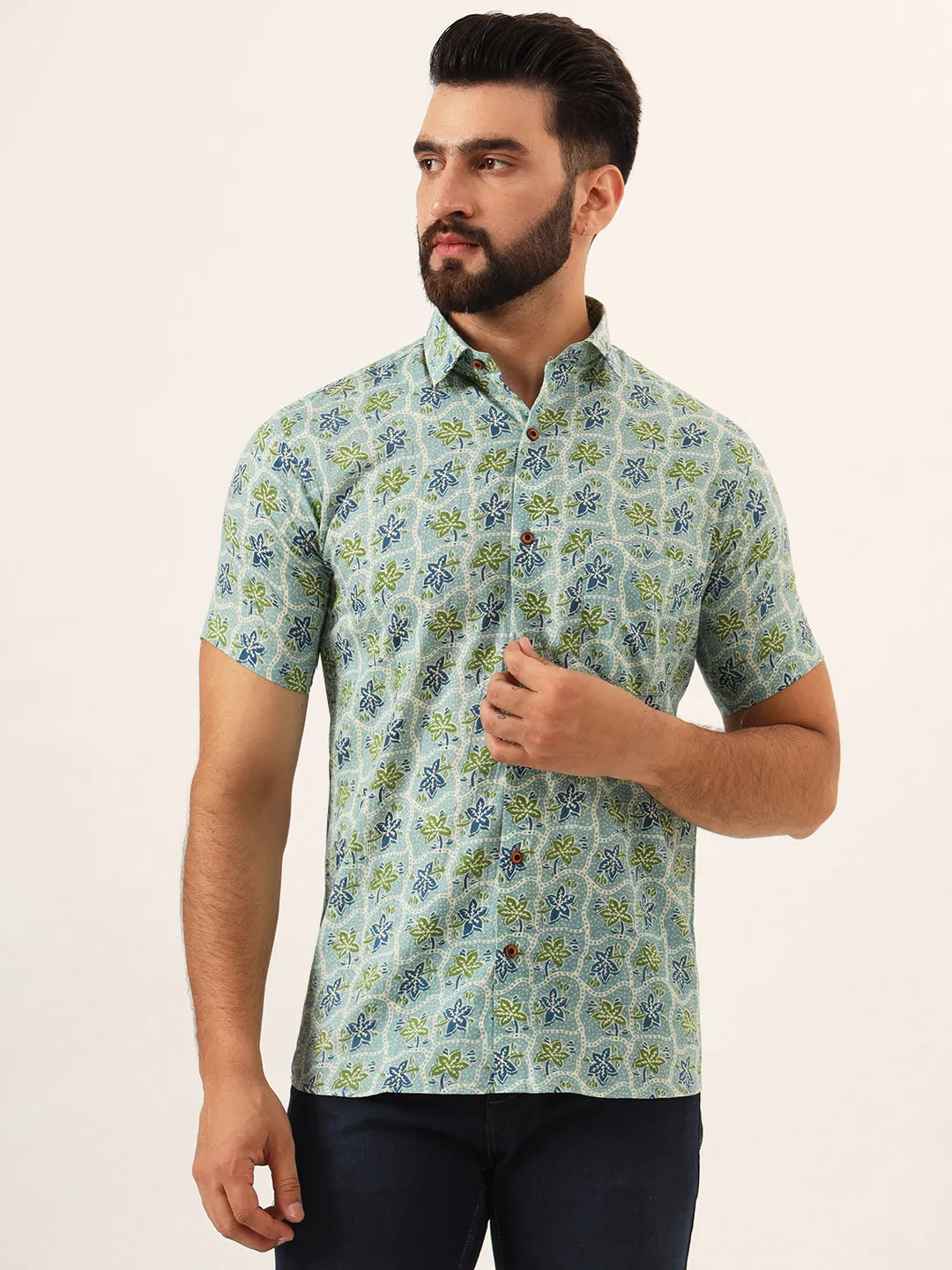 MILLENNIAL MEN Green Floral Print Pure Cotton Regular Fit Casual Shirt