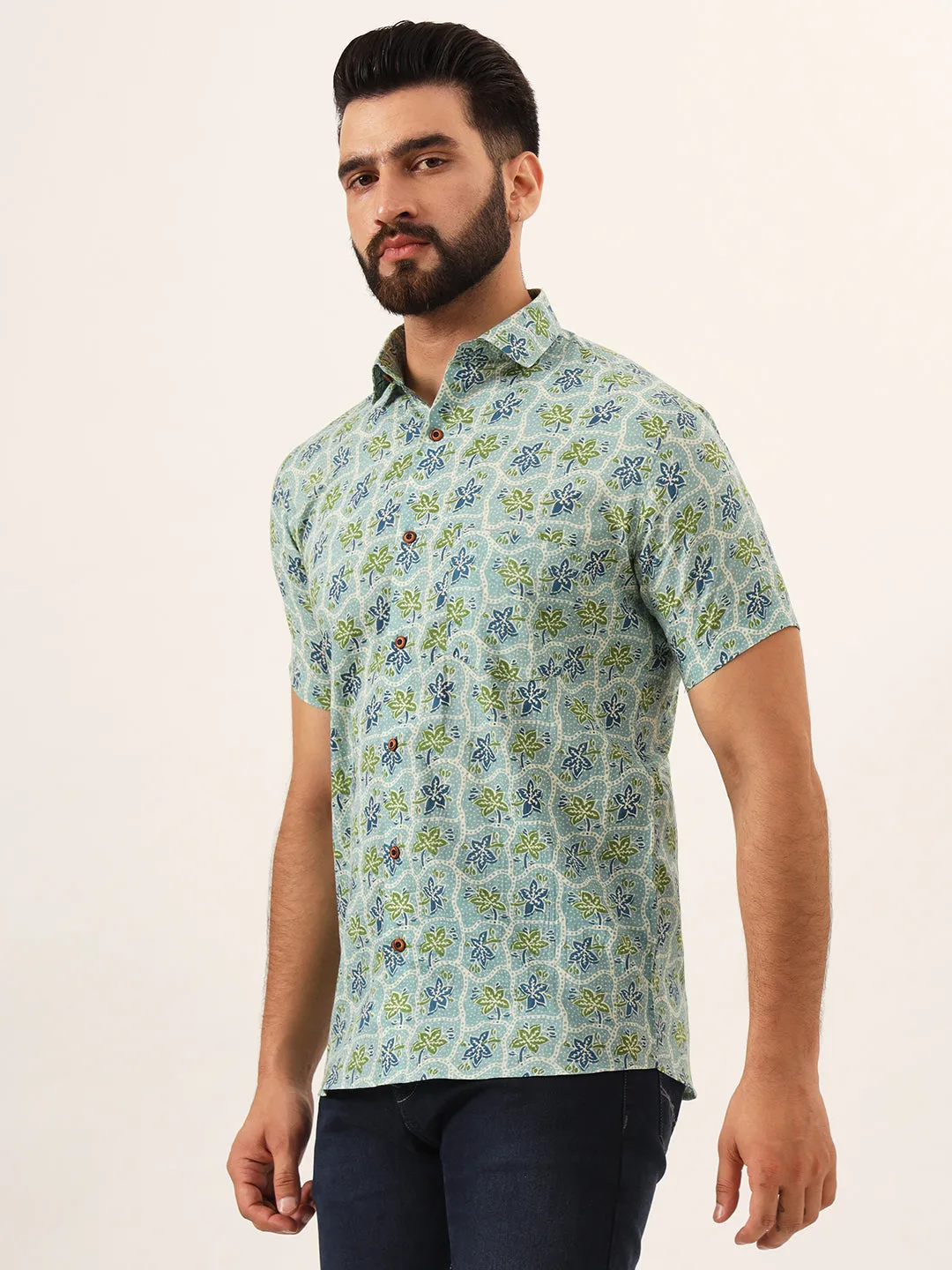 MILLENNIAL MEN Green Floral Print Pure Cotton Regular Fit Casual Shirt