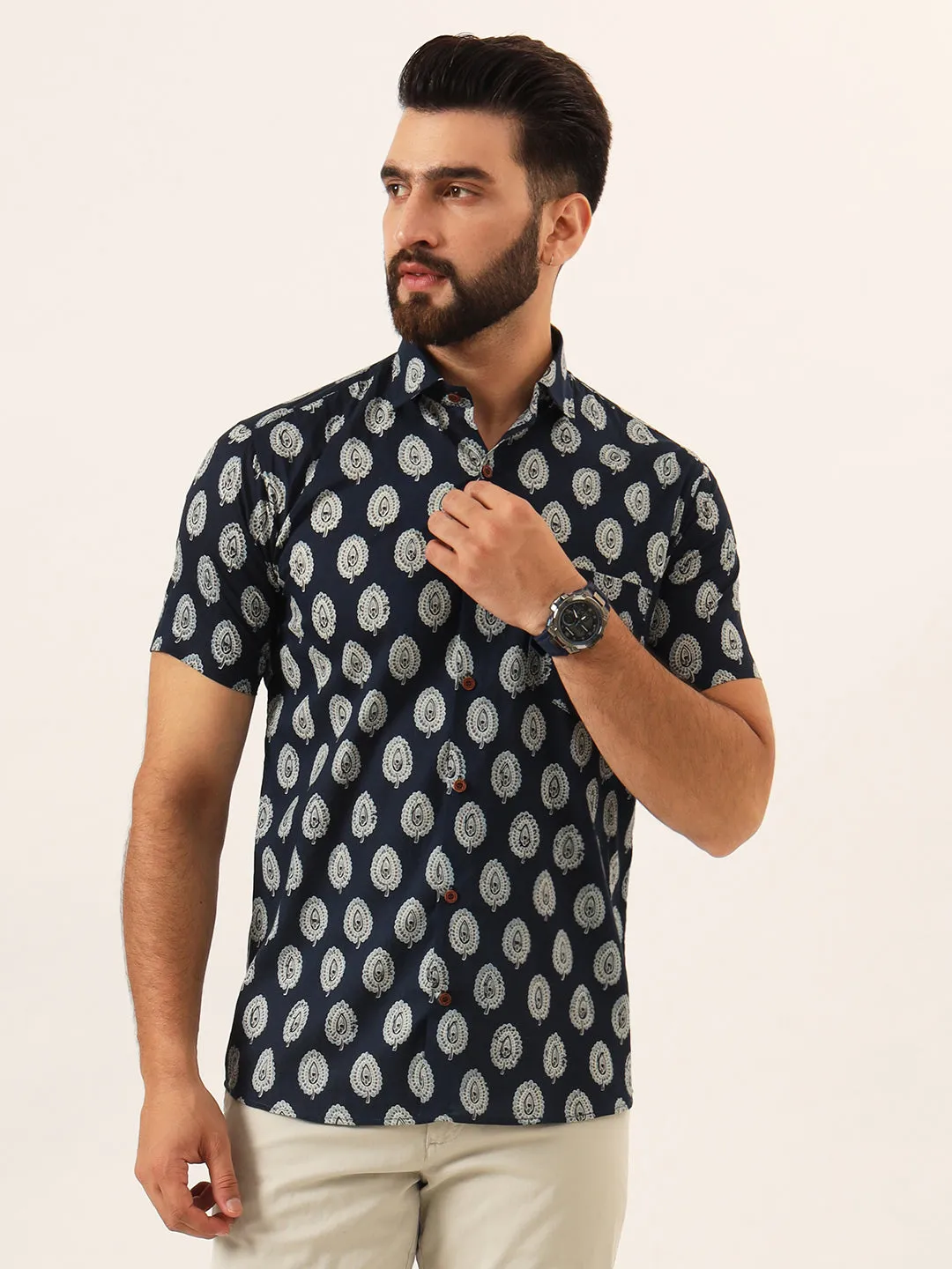 MILLENNIAL MEN Navy Blue Floral Print Pure Cotton Regular Fit Casual Shirt