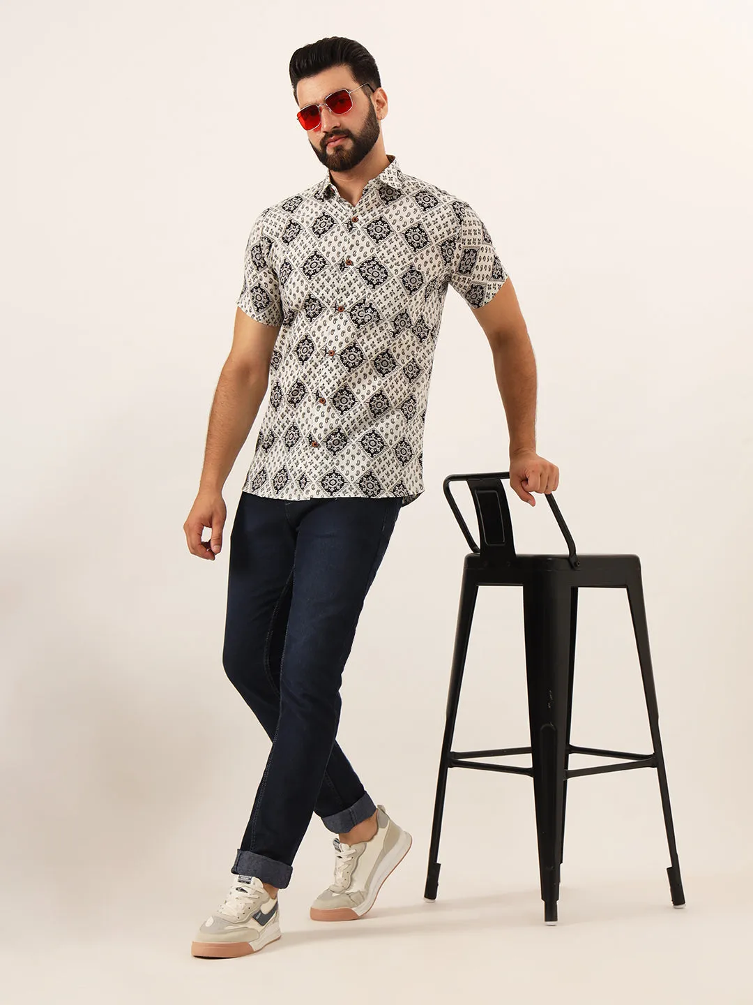 MILLENNIAL MEN White Geometric Pure Cotton Regular Fit Casual Shirt