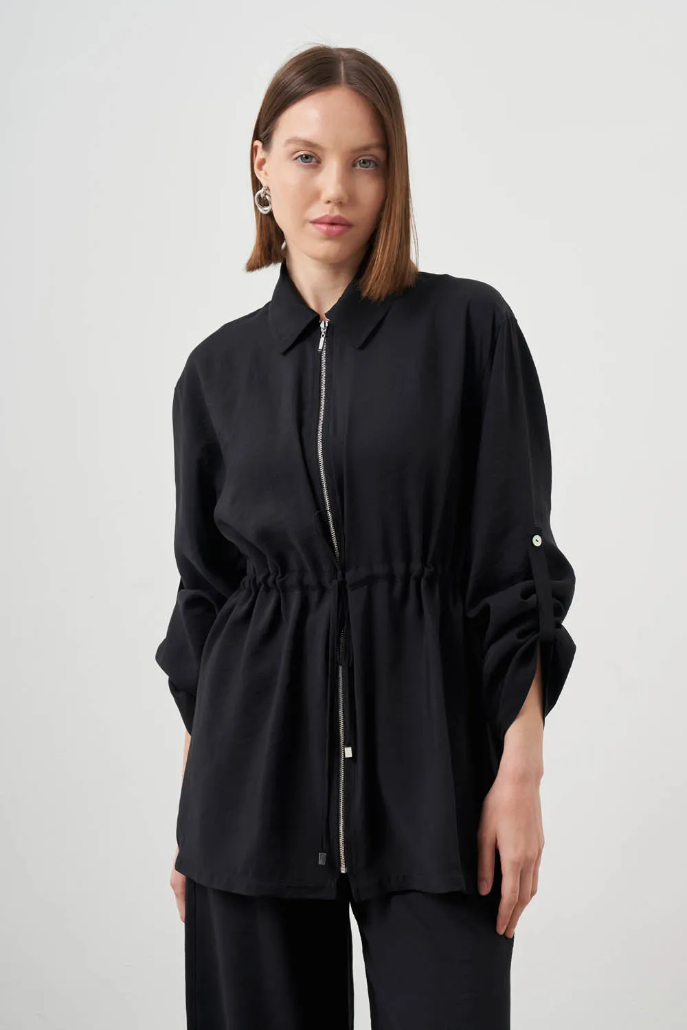 Mizalle-Cinched Waist Shirt Jacket-Black