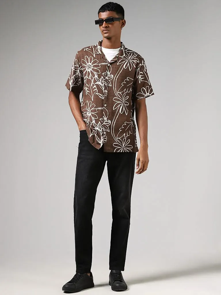 Nuon Brown Floral Printed Relaxed-Fit Blended Linen Shirt