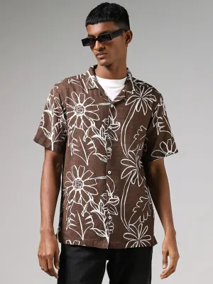 Nuon Brown Floral Printed Relaxed-Fit Blended Linen Shirt