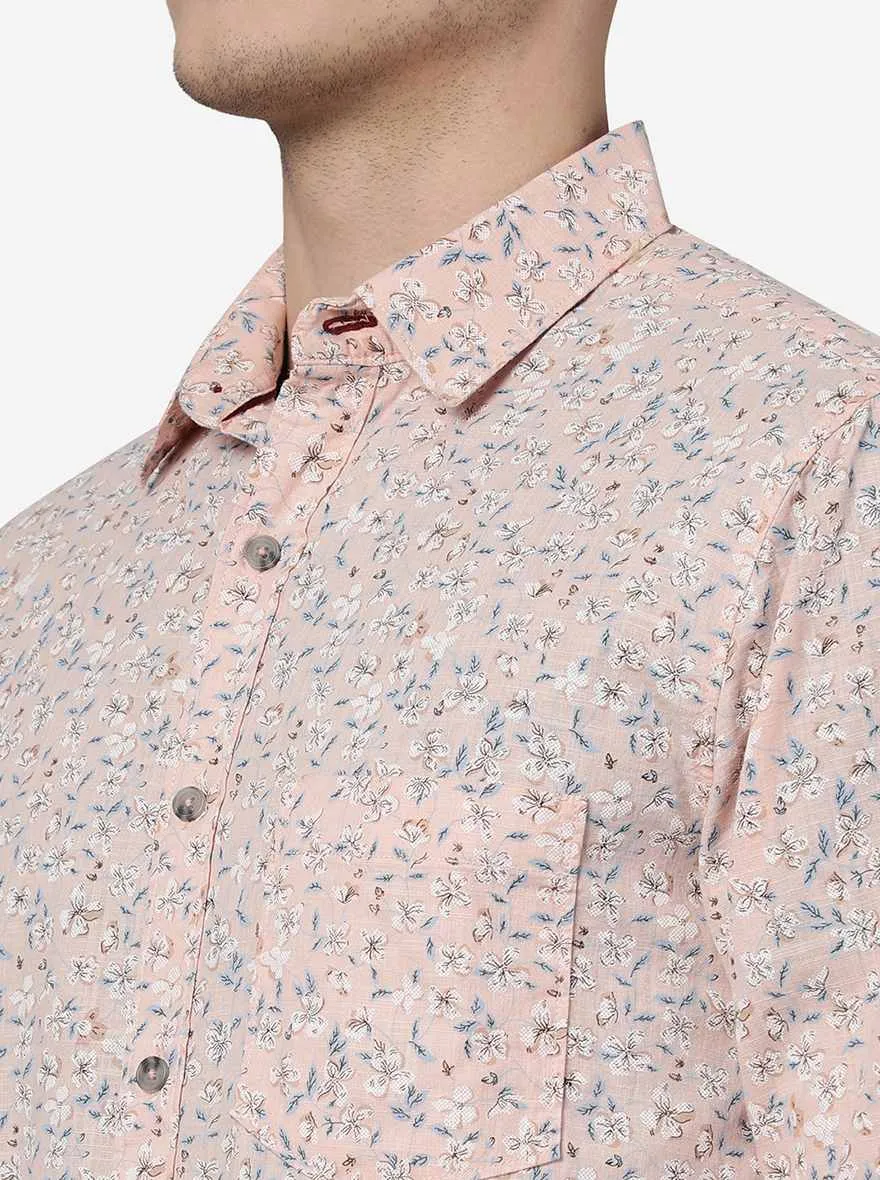 Peach Printed Slim Fit Casual Shirt | Greenfibre