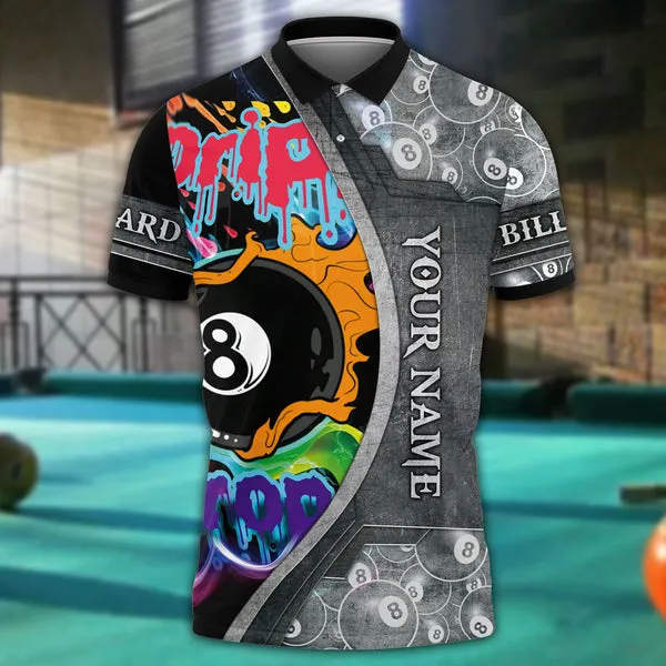 Personalized Name Drip and Drop Ball Billiard Unisex Shirt, 3D Full Printed Billiard Polo Shirt