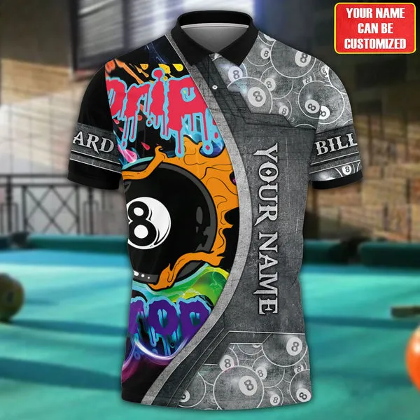 Personalized Name Drip and Drop Ball Billiard Unisex Shirt, 3D Full Printed Billiard Polo Shirt