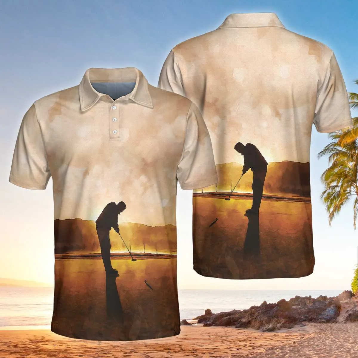 Playing Golf At Sunset Short Sleeve Polo Shirt, Beautiful Scene Polo Shirt, Best Golf Shirt For Men Coolspod