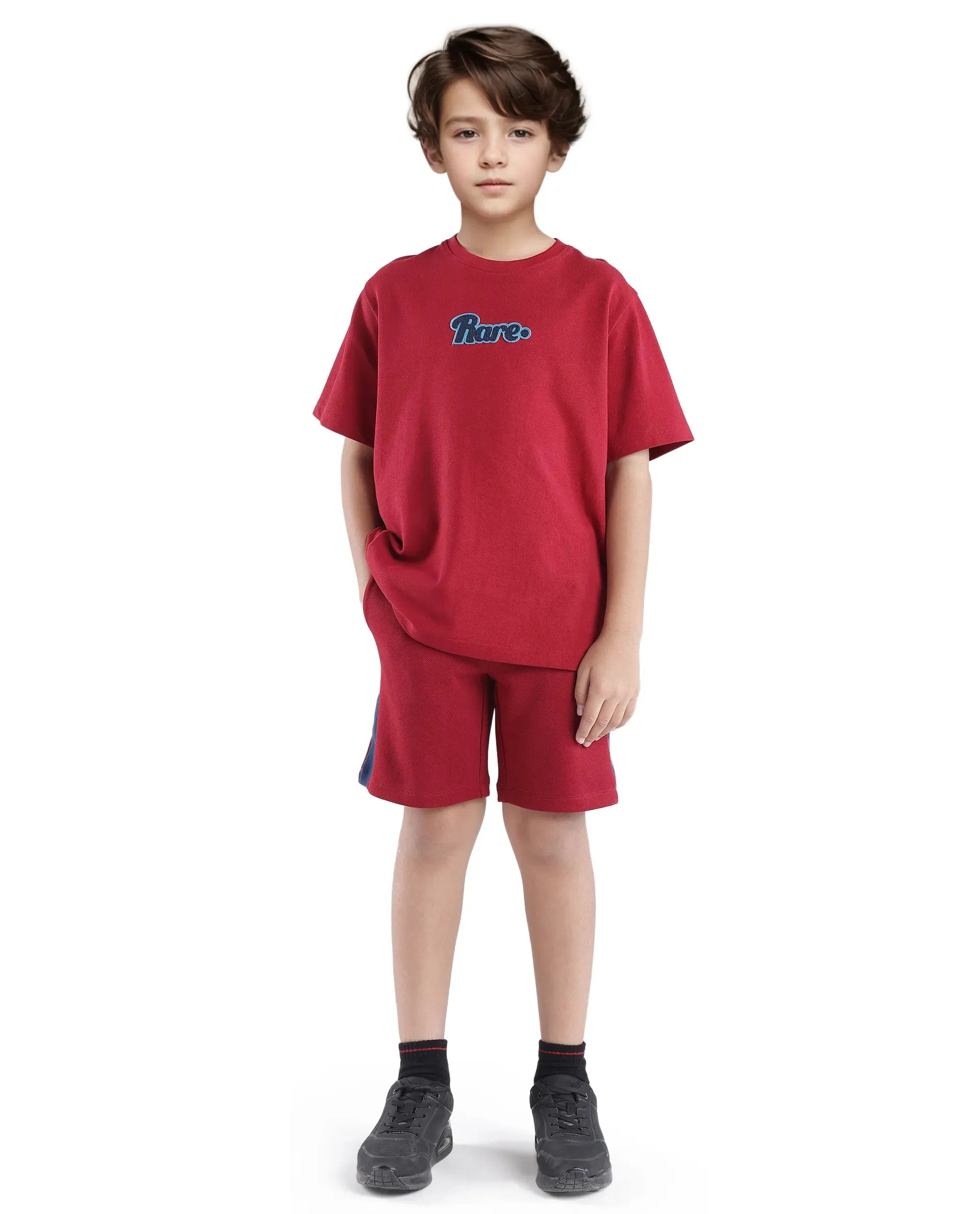 Rare Ones Kids Ride Dark Red Cotton Half Sleeves Crew Neck Embroidered T-Shirt