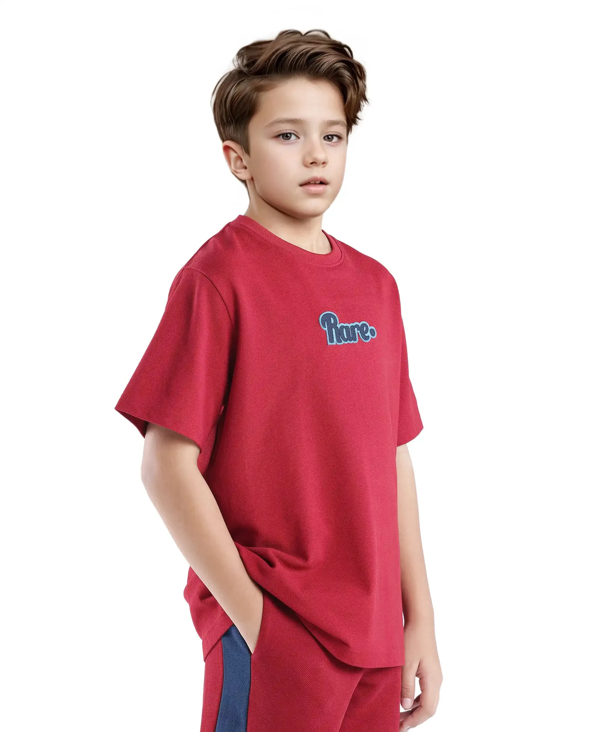 Rare Ones Kids Ride Dark Red Cotton Half Sleeves Crew Neck Embroidered T-Shirt