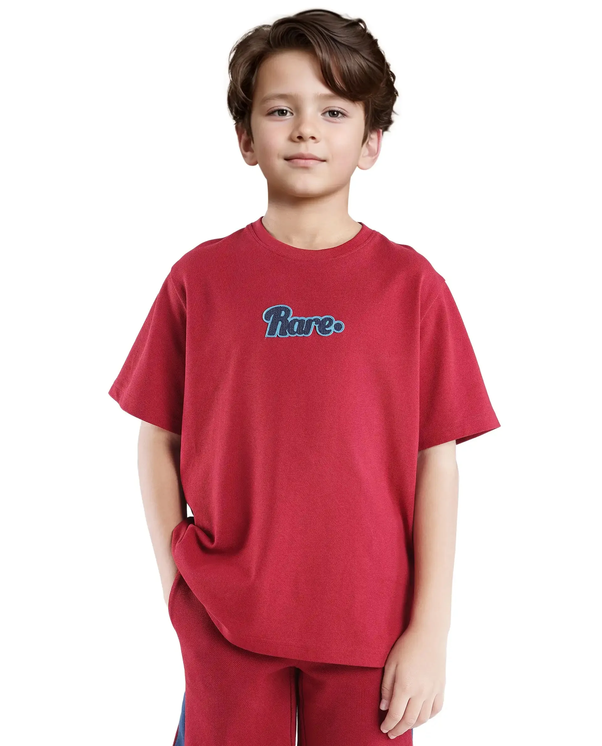 Rare Ones Kids Ride Dark Red Cotton Half Sleeves Crew Neck Embroidered T-Shirt