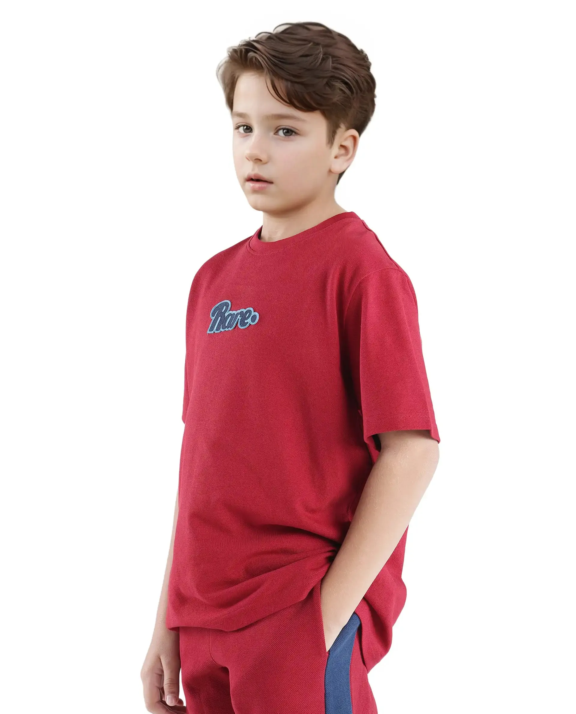 Rare Ones Kids Ride Dark Red Cotton Half Sleeves Crew Neck Embroidered T-Shirt