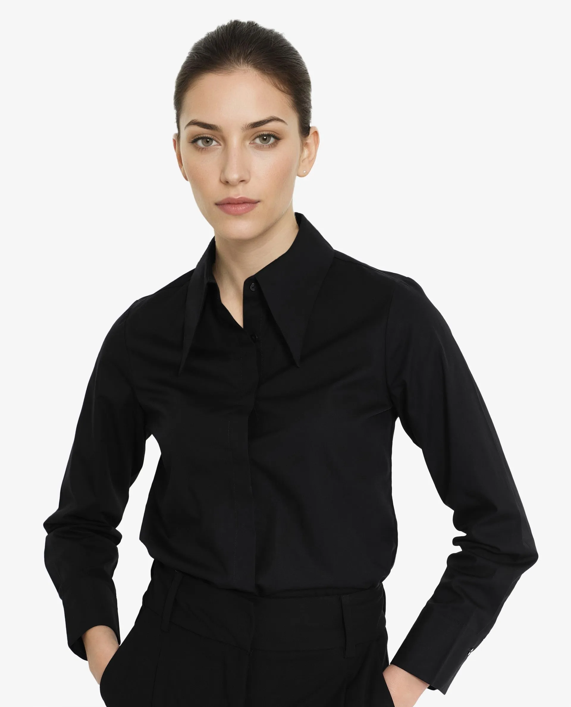 Rareism Women Ceos Black Cuffed Sleeve Collared Neck Plain Shirt