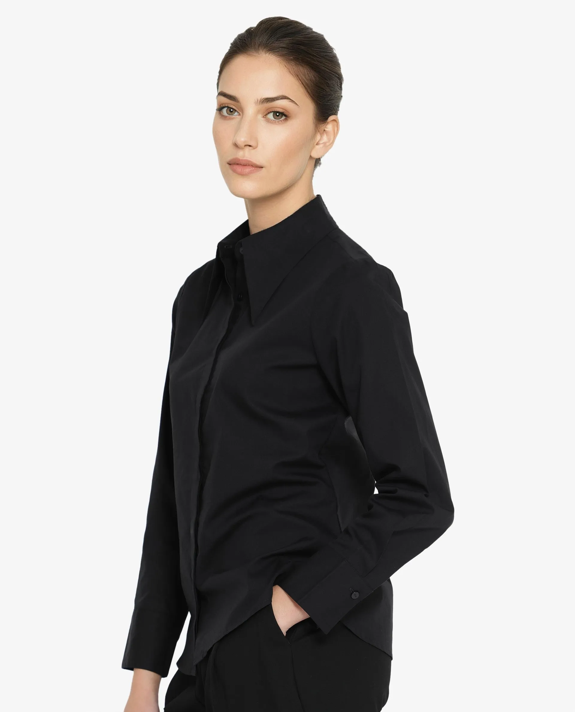 Rareism Women Ceos Black Cuffed Sleeve Collared Neck Plain Shirt