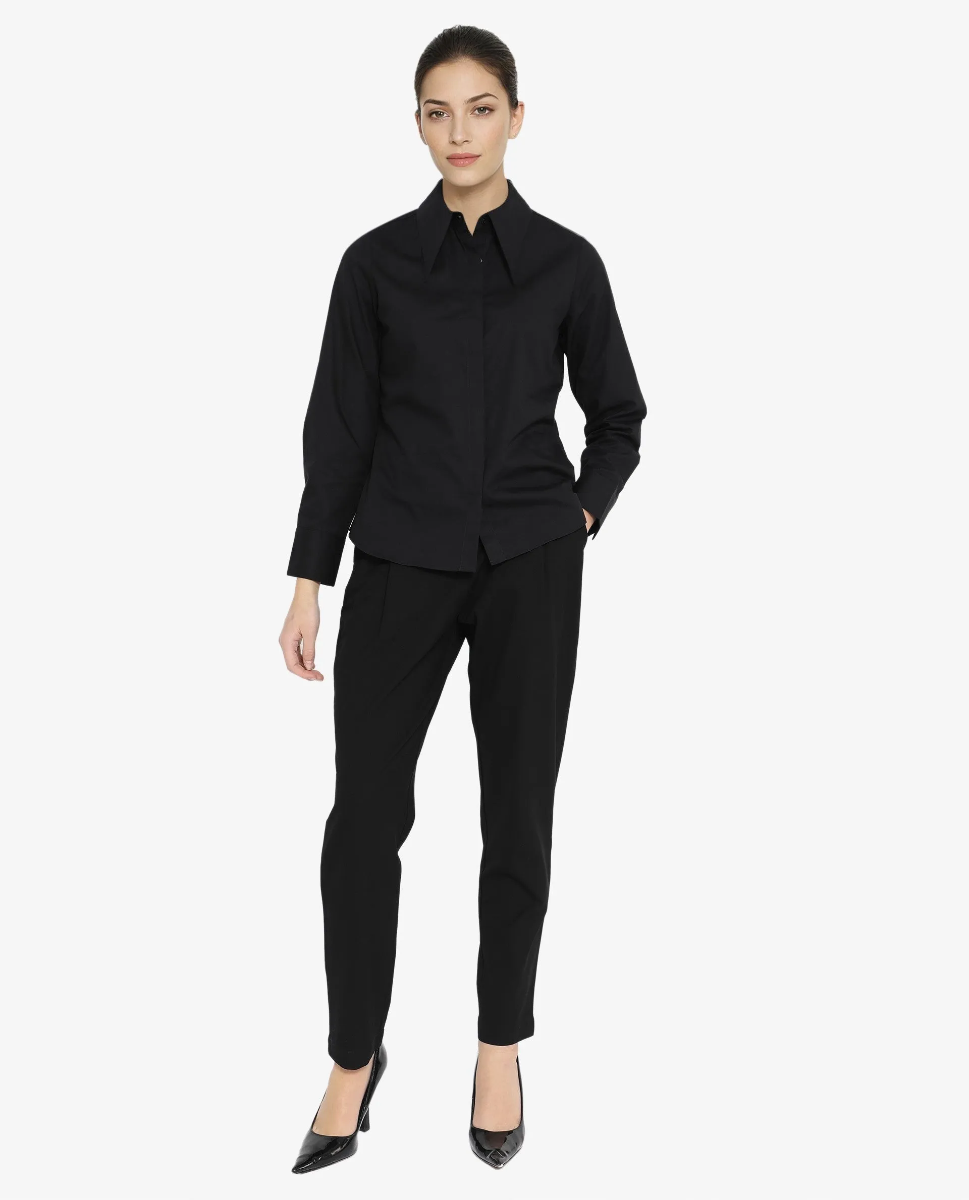 Rareism Women Ceos Black Cuffed Sleeve Collared Neck Plain Shirt