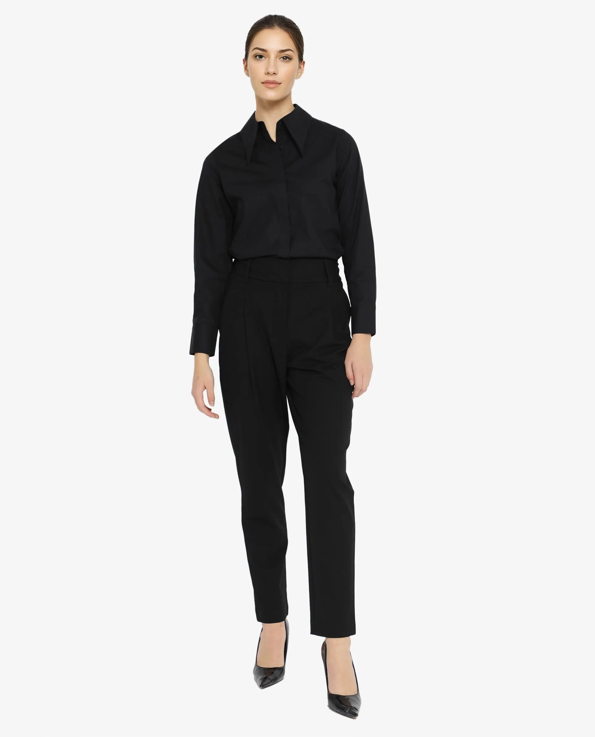 Rareism Women Ceos Black Cuffed Sleeve Collared Neck Plain Shirt