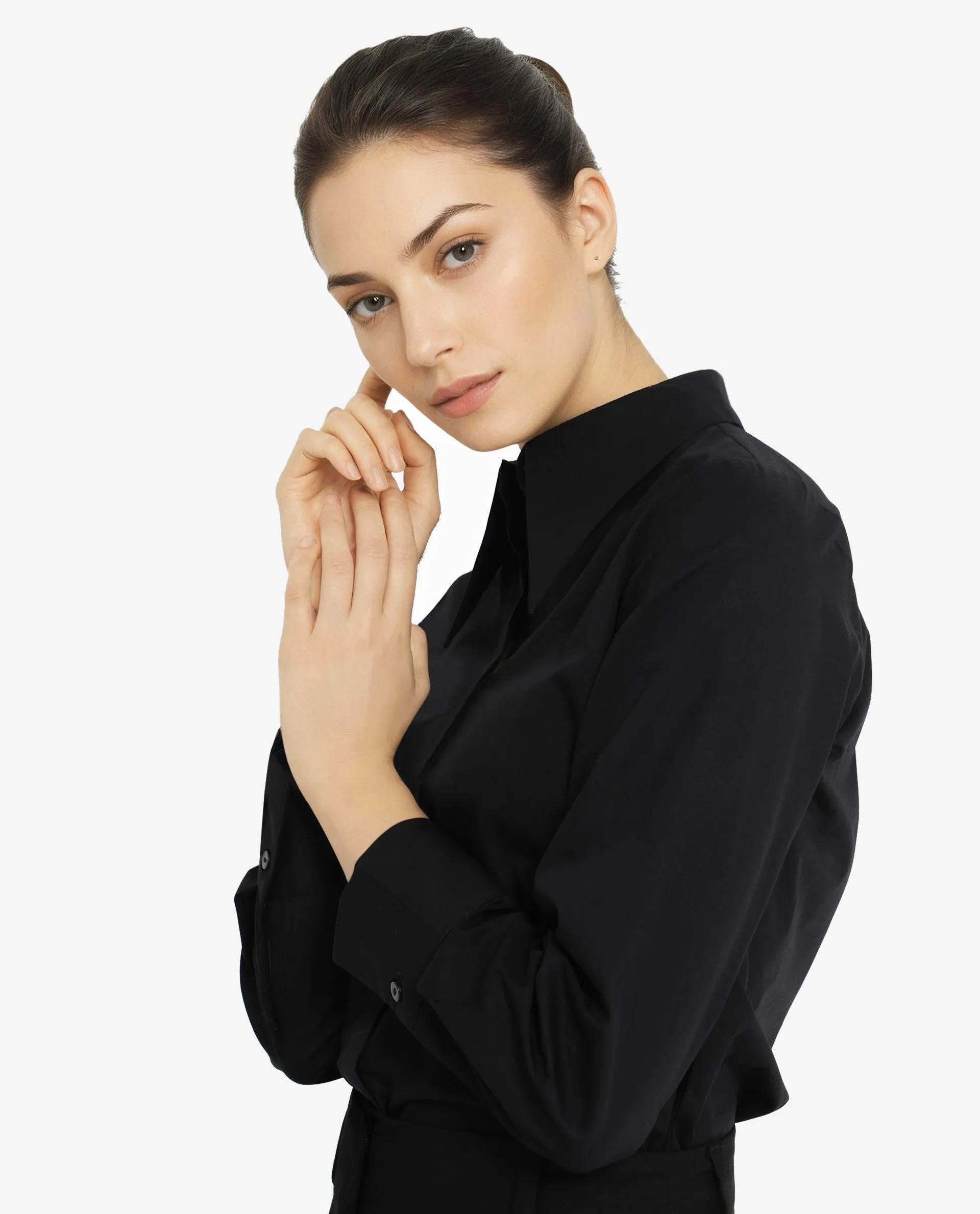 Rareism Women Ceos Black Cuffed Sleeve Collared Neck Plain Shirt