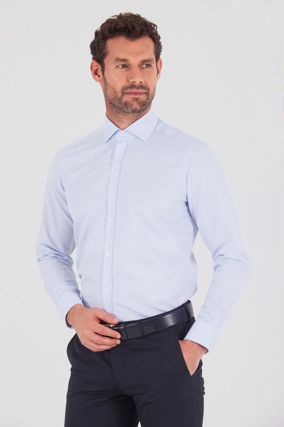 Regular Fit Long Sleeve Plain Cotton Blend Dress Shirt, Ice Blue