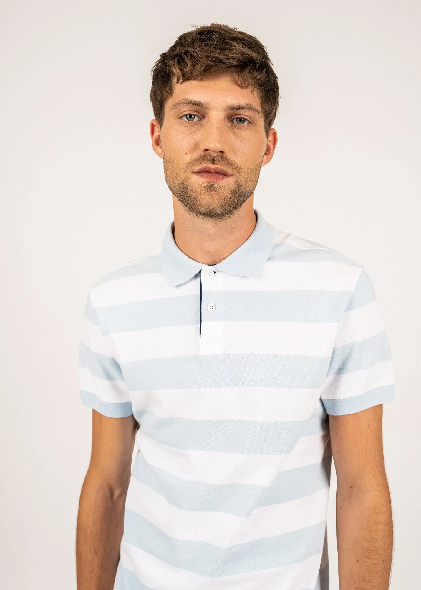 Scott polo shirt with large stripes - in blended cotton (CIEL/BLANC)