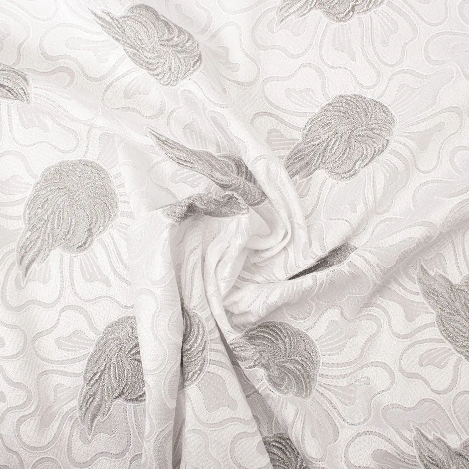 Silver Metallic Leaf Embroidered White Cotton