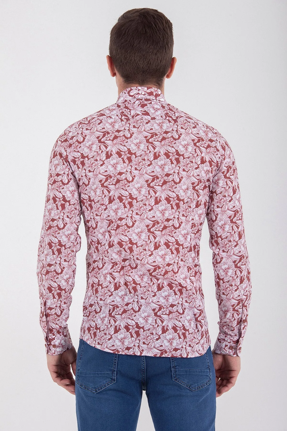 Slim Fit Floral Printed Cotton Burgundy Casual Shirt