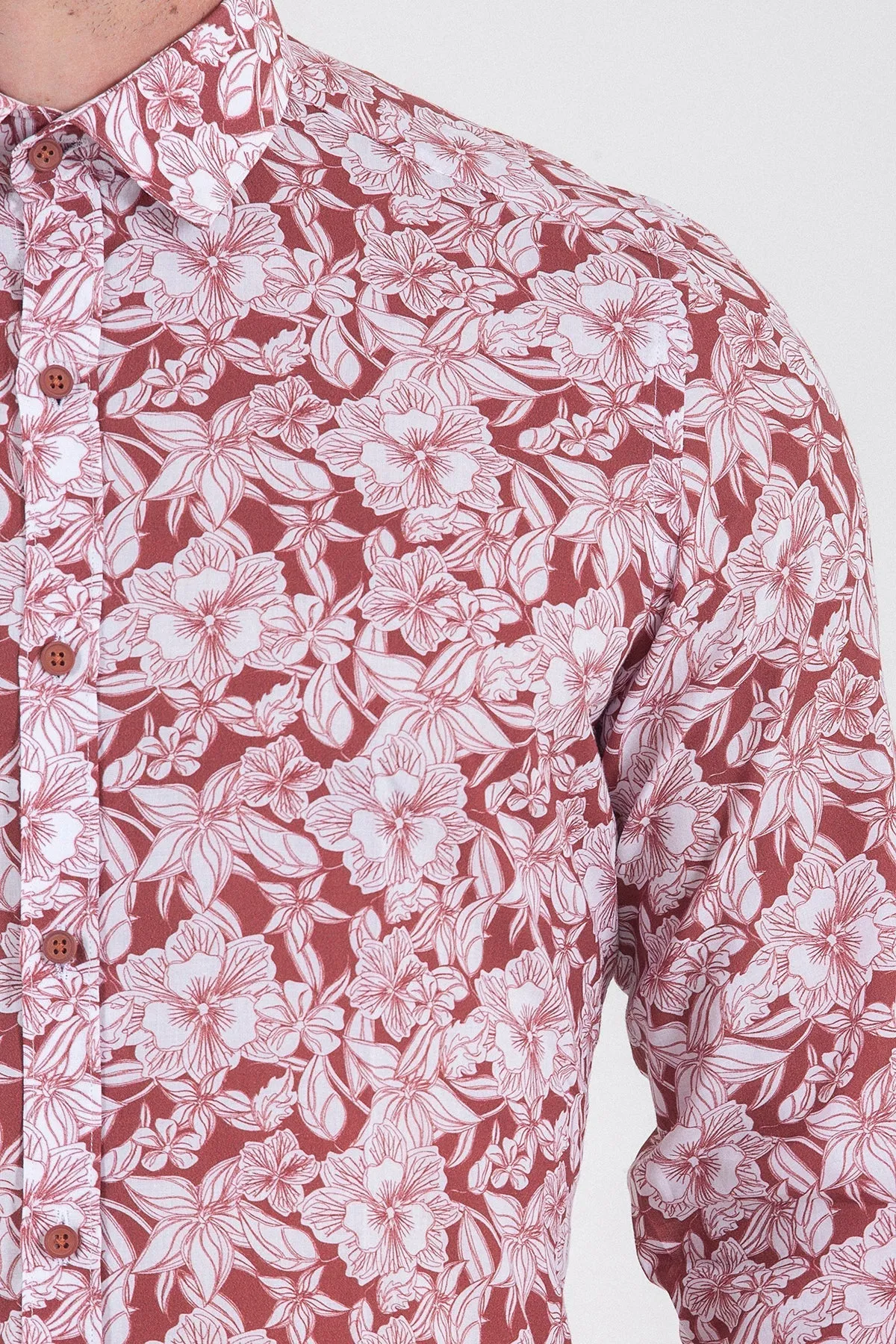 Slim Fit Floral Printed Cotton Burgundy Casual Shirt