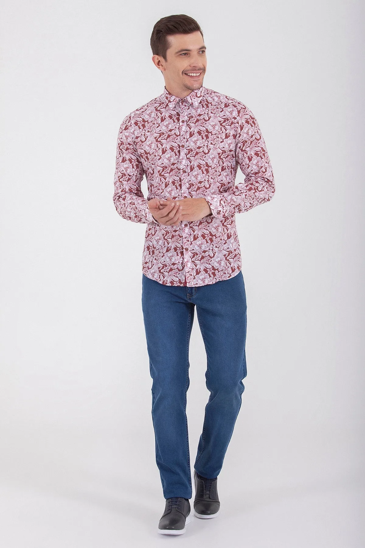 Slim Fit Floral Printed Cotton Burgundy Casual Shirt