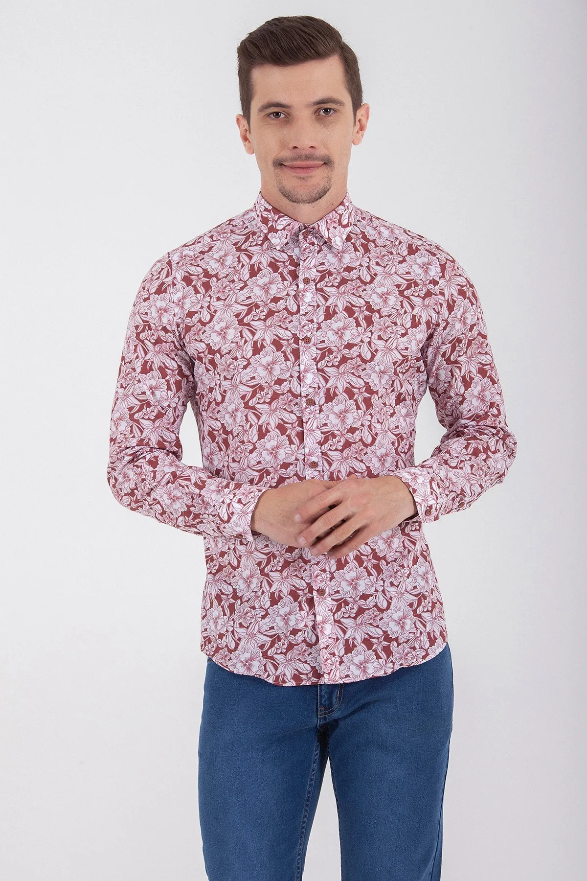 Slim Fit Floral Printed Cotton Burgundy Casual Shirt