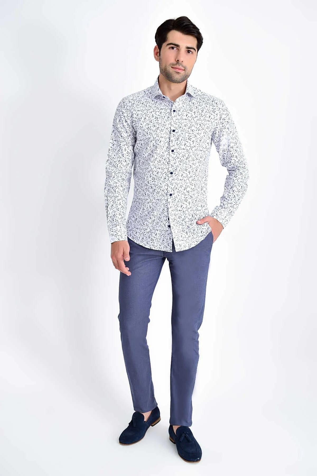 Slim Fit Navy Printed 100% Cotton Casual Shirt