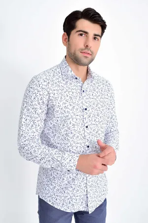 Slim Fit Navy Printed 100% Cotton Casual Shirt