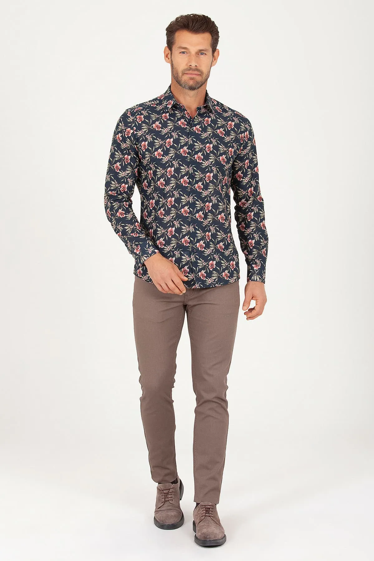 Slim Fit Printed Cotton Floral Navy Casual Shirt