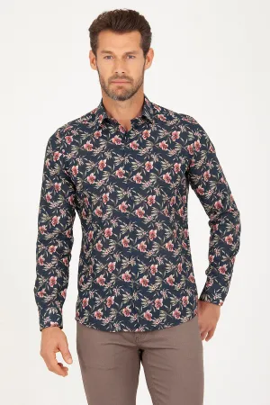 Slim Fit Printed Cotton Floral Navy Casual Shirt