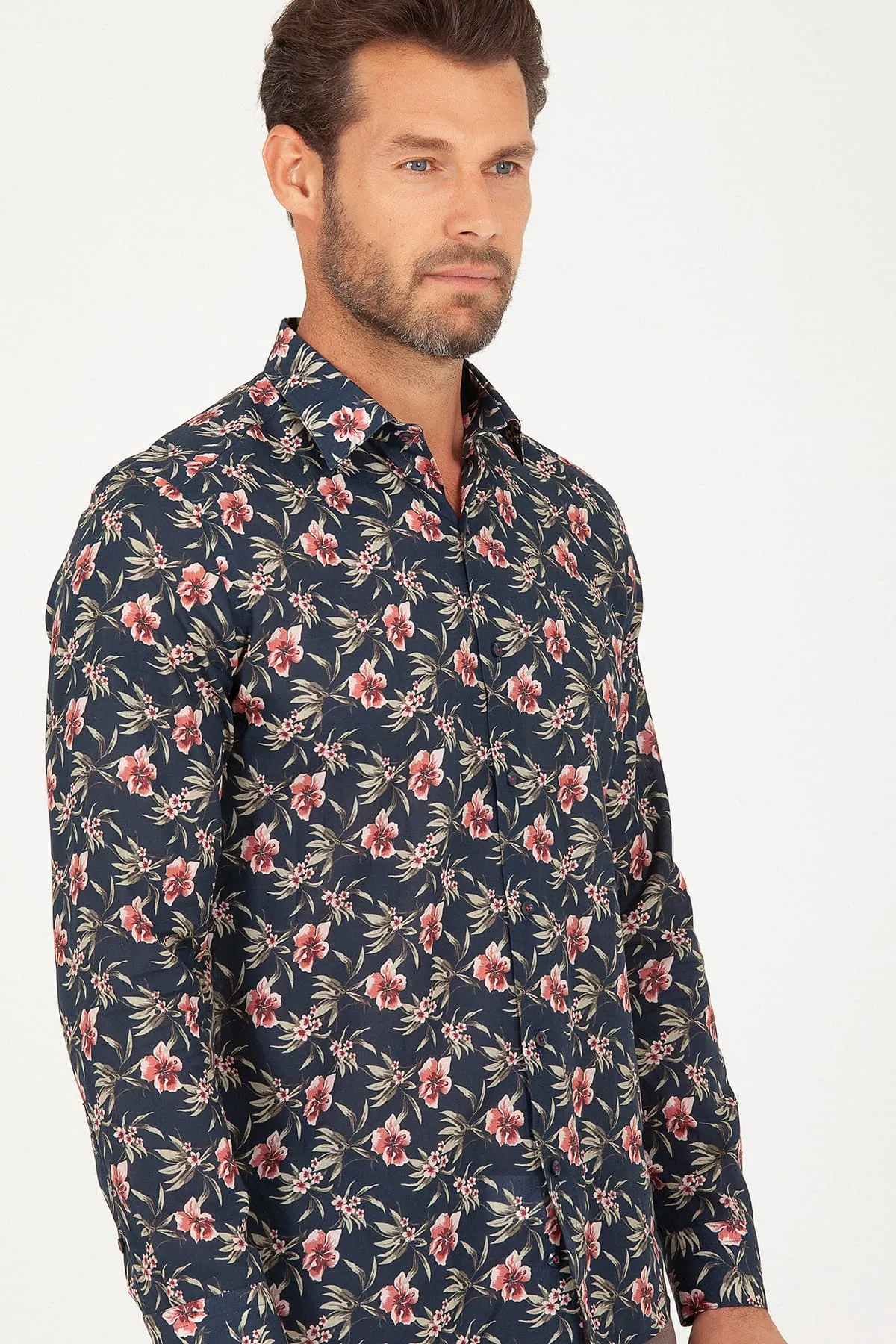 Slim Fit Printed Cotton Floral Navy Casual Shirt