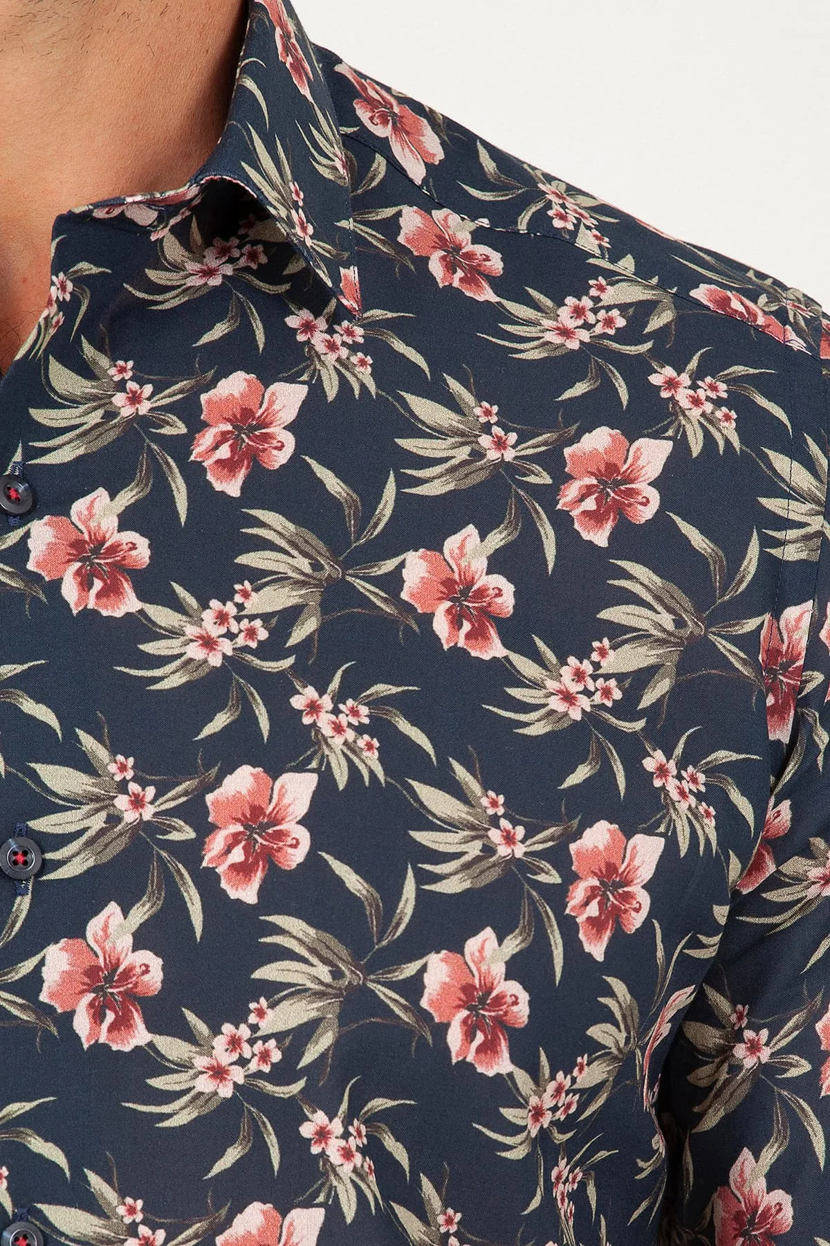 Slim Fit Printed Cotton Floral Navy Casual Shirt