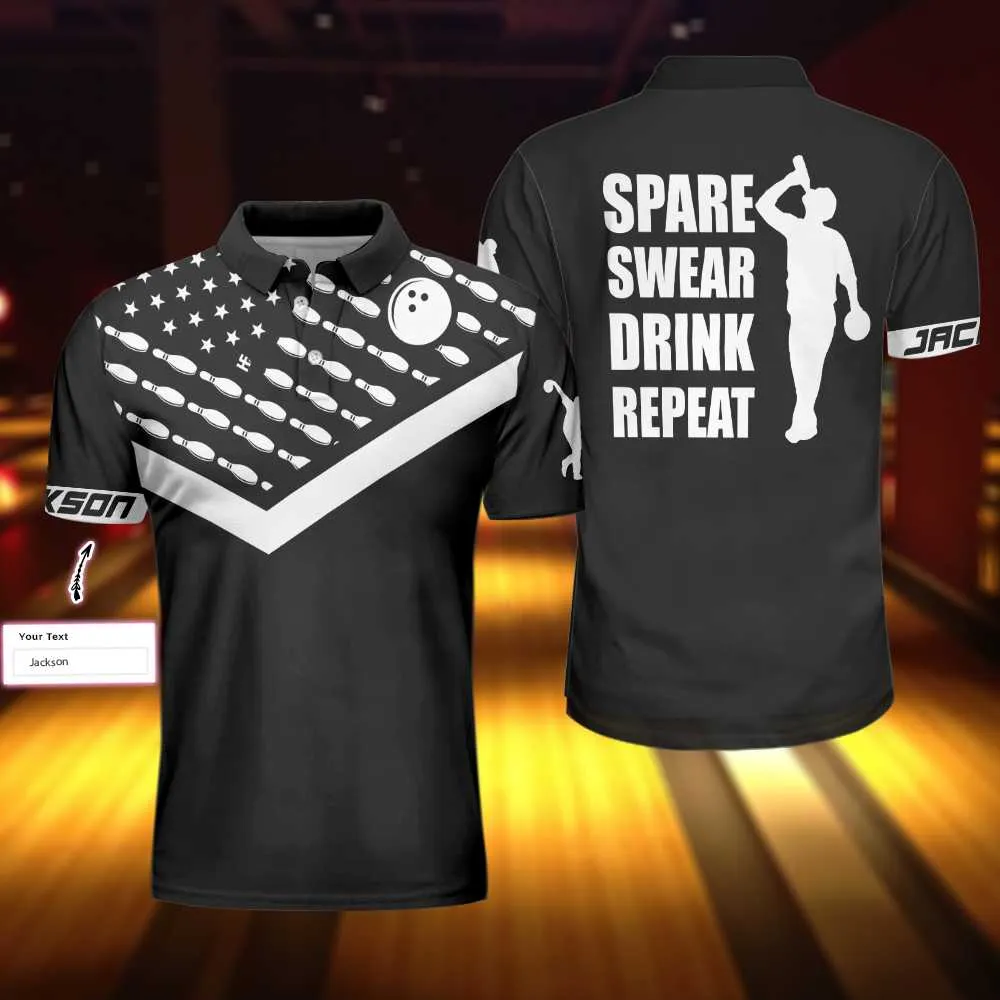 Spear Swear Drink Repeat Bowling Custom Polo Shirt, Personalized Black American Flag Bowling Shirt For Men Coolspod