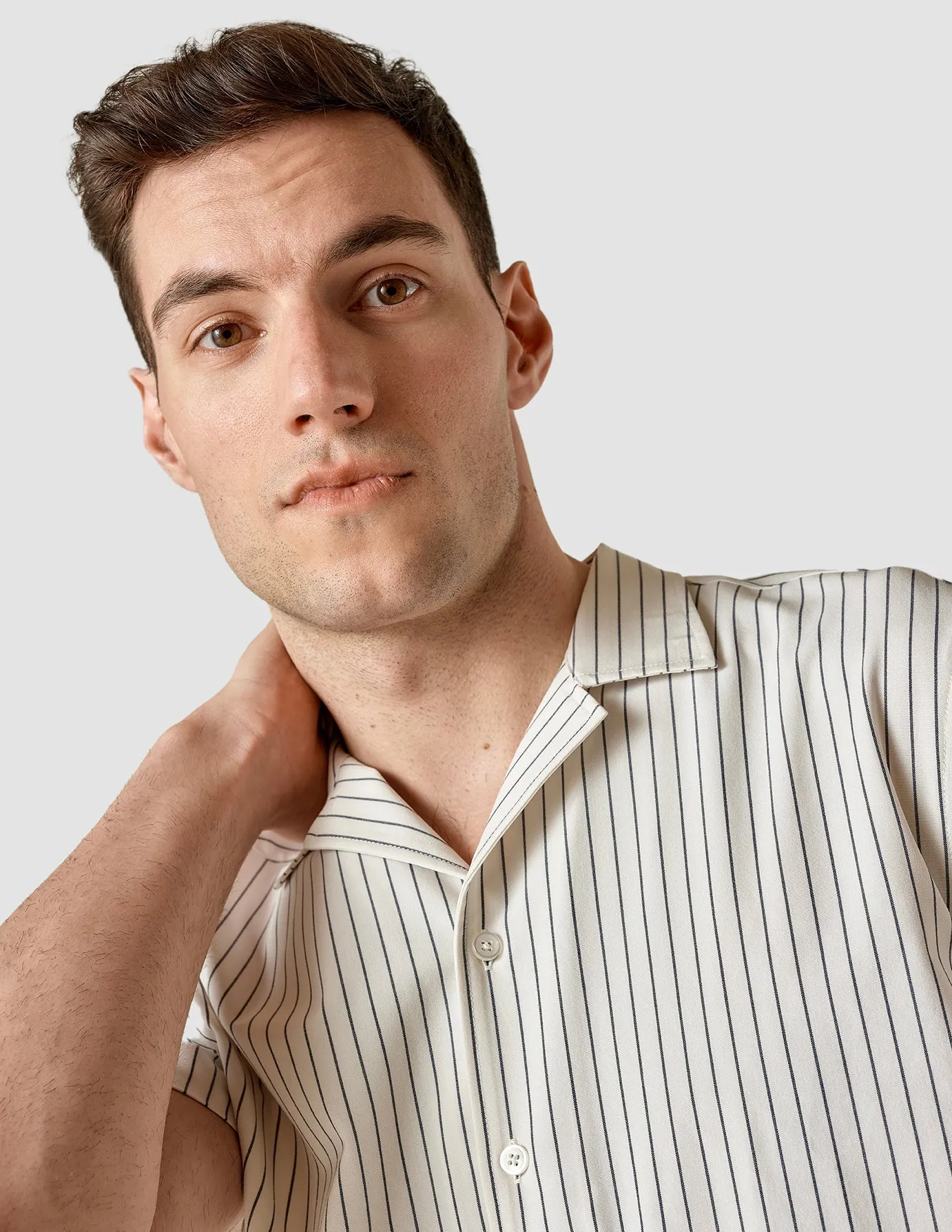 Tech Linen Bowling Short Sleeve Shirt Navy Pinstripe