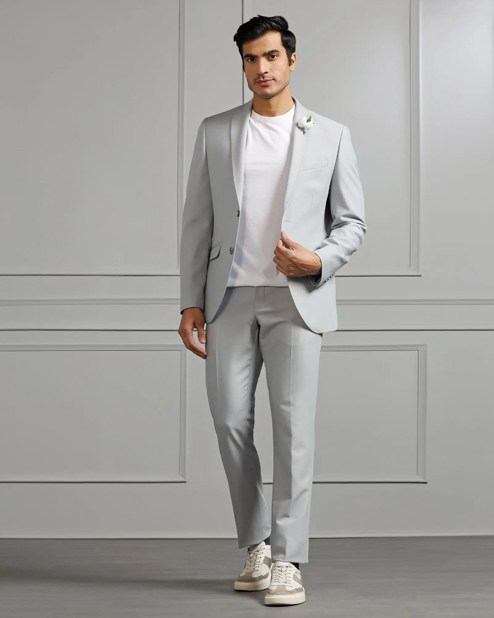 Three Piece Light Grey Solid Formal Suit - Raylit