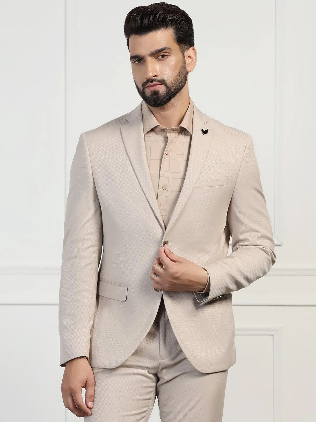 Two Piece Beige Textured Formal Suit - Zanite