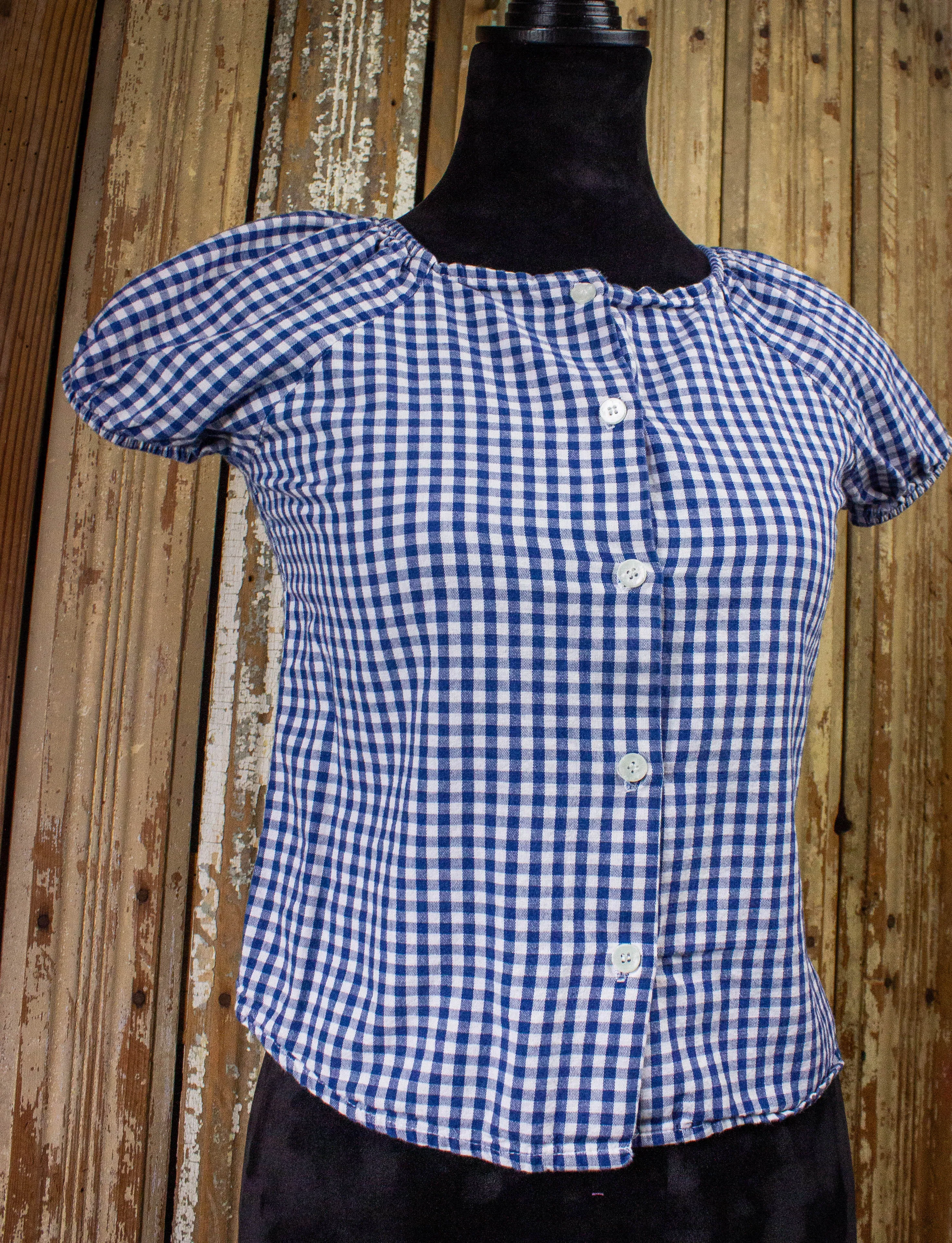 Vintage Hang Ten Plaid Blouse 70s White/Blue XS