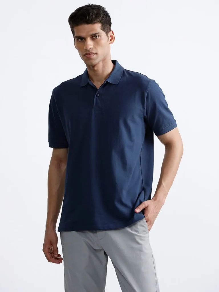 WES Casuals Dark Blue Polo Neck Cotton Blend Relaxed-Fit T-Shirt