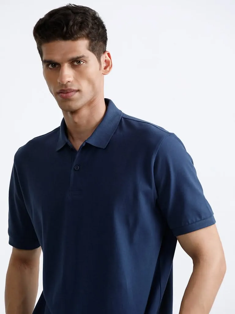 WES Casuals Dark Blue Polo Neck Cotton Blend Relaxed-Fit T-Shirt