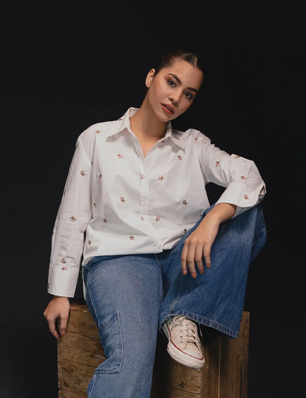 White Floral Embroidered Casual Shirt