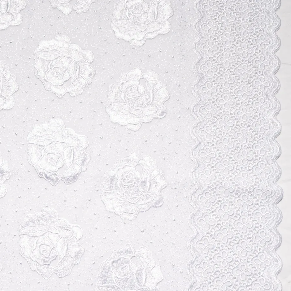 White Rose & Spot Embroidered Cotton Voile