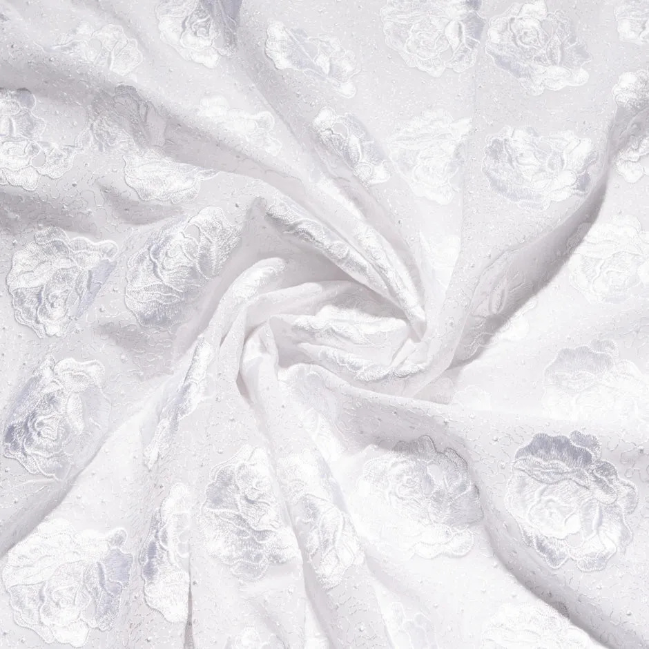 White Rose & Spot Embroidered Cotton Voile