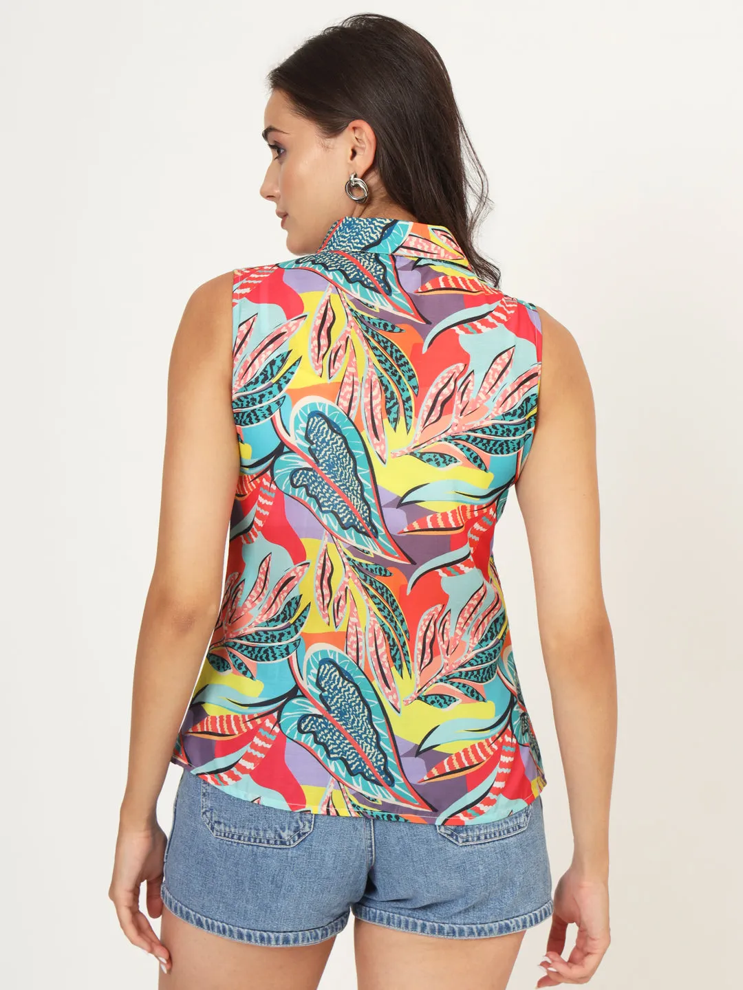 Women Classic Floral Printed Casual Sleeveless Shirt