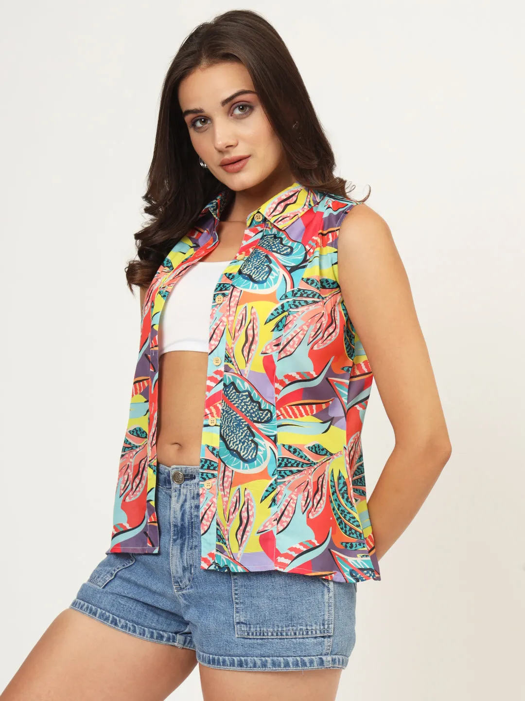 Women Classic Floral Printed Casual Sleeveless Shirt