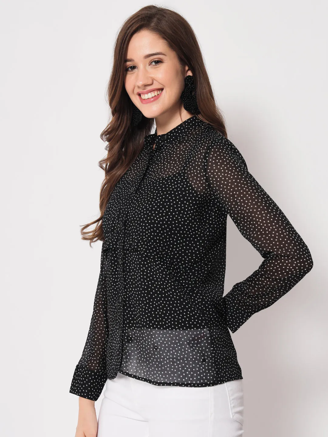 Women Classic Slim Fit Polka Dot Black Casual Shirt