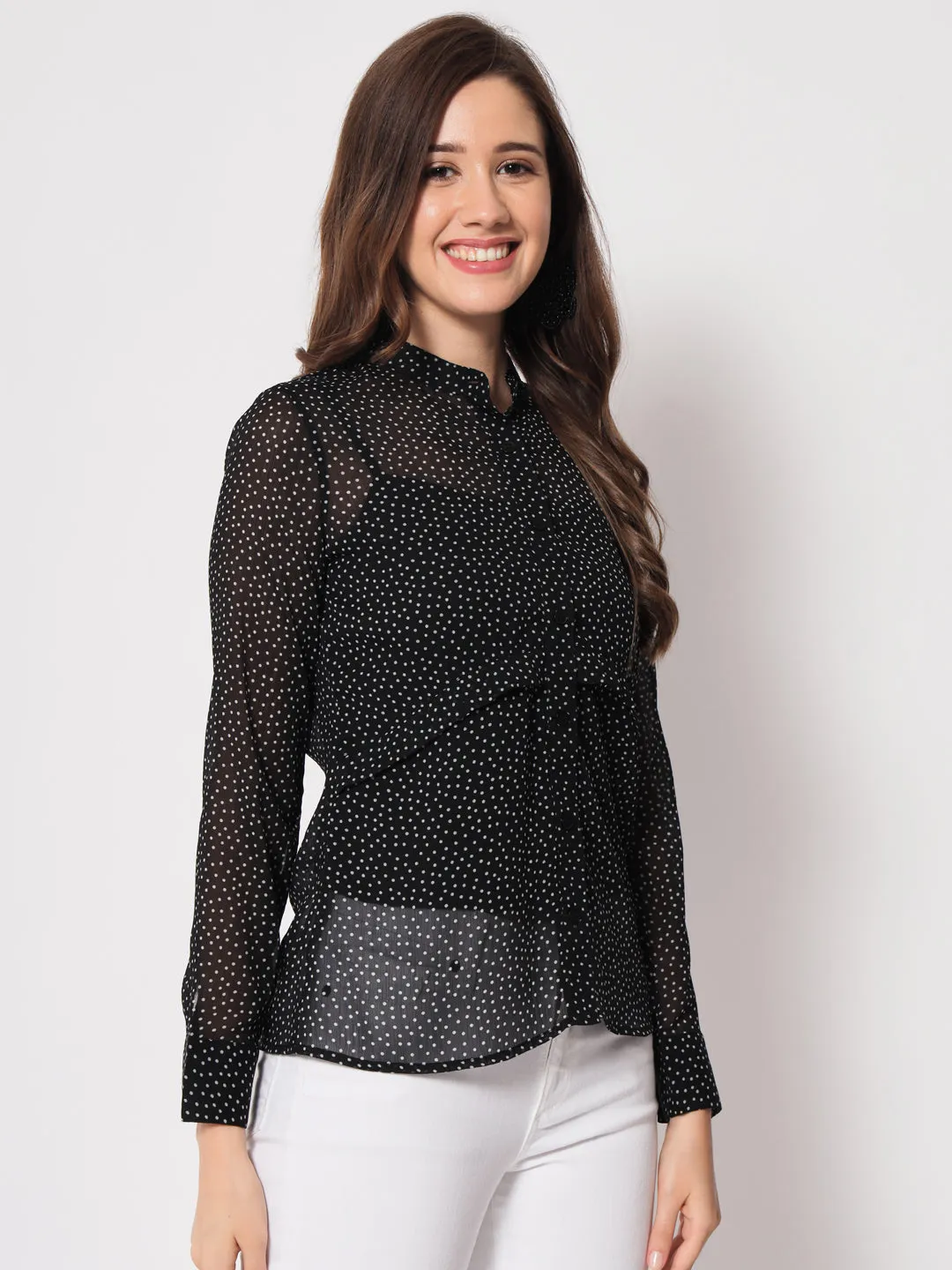 Women Classic Slim Fit Polka Dot Black Casual Shirt