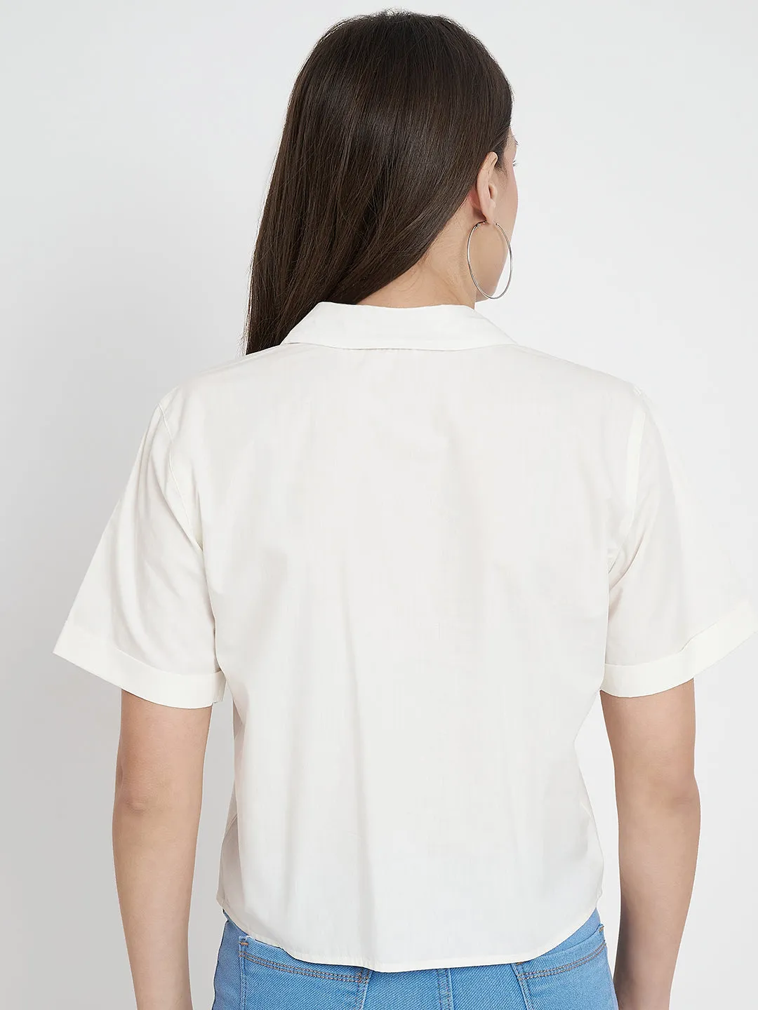 Women Cotton Solid White Half Shirt